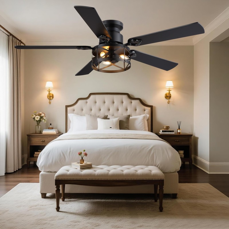 JSAITEE 52in Flush Mount Farmhouse Ceiling Fan with Lights, Caged