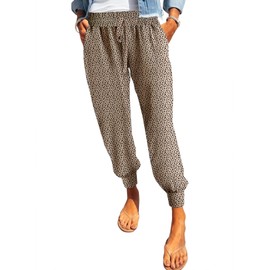 Dokotoo Womens Summer Comfy Casual Loose Breezy Leopard Animal Print Drawstring Elastic Waist Loose Jogging Joggers Pants Sweatpants for Women with Pockets Khaki Medium