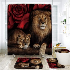 GUDAGUU 4 Piece Animals Shower Curtain Sets,Blueose Flower Match Lions Waterproof Bathroom Decor Sets with Rugs Bath Mat Toilet Lid Cover and Hooks (Lion)