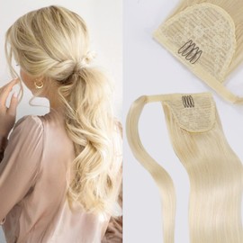 Tinashe Ponytail Extension Human Hair 100% Remy Human Hair Wrap Around Ponytail Hair Extension Bleach Blonde 18inch 85g Long Straight Clip in Pony Tail Hair Piece with Magic Paste For Women (#613, 18inch)