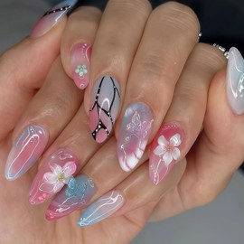 Summer Press on Nails Long Almond Fake Nails with 3D Flower Designs Butterfly Embossed Design Full Cover Stick on Nail Pearl Shiny Press on Nails Cute Nail for Women Salon Manicure Kit 24 Pcs