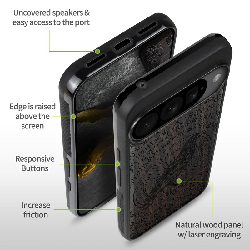 Carveit Wood Case for Pixel 10, (The Haloed Crow) Blackwood
