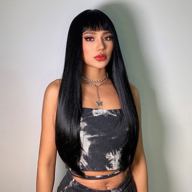 Long Black Wig Human Hair with Bangs and Wig Cap