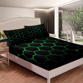 Hexagonal Bedding Sheets 3D Geometric Honeycomb Bed Sheet Set for Kids Boys Girls Luxury Beehive Hexagon Bedding Fitted Sheet Neon Green Black Decor Bed Cover Bedroom Collection 2Pcs Twin Size