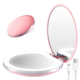 LEIDSANY Espejo de Bolsillo para Mujer, Espejo de Bolsillo Compacto Iluminado LED para Maquillaj, Aumento de 1x/5x, Recargable, Mini Plegable de 3 Pulgadas, para Bolsillo, Bolso de Mano(Rosa)
