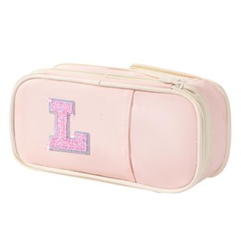 Preppy Pencil Case for School Supplies, Initial Large Pink Pencil Case Organizer with Zipper, Cute Pencil Bag Holder for Office, Ideal Birthday Gift for Kids,8,9,10 Years Old Girls, Adults--Pink L