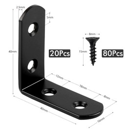 20Pcs Corner Bracket 40 × 40mm, Black Right Angle Bracket 90 Degree Carbon Steel L Bracket Corner Brace with 80 Screws Small Brackets L Shaped Bracket for Wood Furniture Fixation (Black 20pcs)