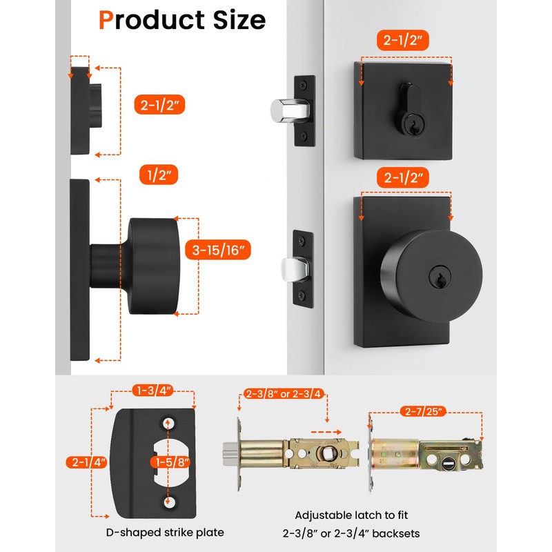 Haidms Black Door Knobs with Deadbolt, Heavy Duty Matte Black