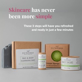 J&L Naturals Simple Skin Regimen Kit With Cleansing Bar, Face Salve, Konjac Sponge, Lip Balm | For Oily, Dry, Mature, and Combination Skin | Zero Waste (Balance (oily, combination skin), Simple)