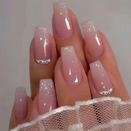 Noerrors Ombre Press on Nails Medium Short Coffin Bling Wedding Nails for Bride Bridal Pink White Shimmer Gradient Fake Glue on Nails Full Cover False Nail Tips for Women Girls 24pcs B