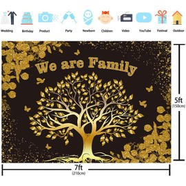 7x5FT Family Reunion Backdrop We are Family Photography Background Black Gold Family Tree Decorations Banner Welcome Home Member Gathering Decor Supplies Props