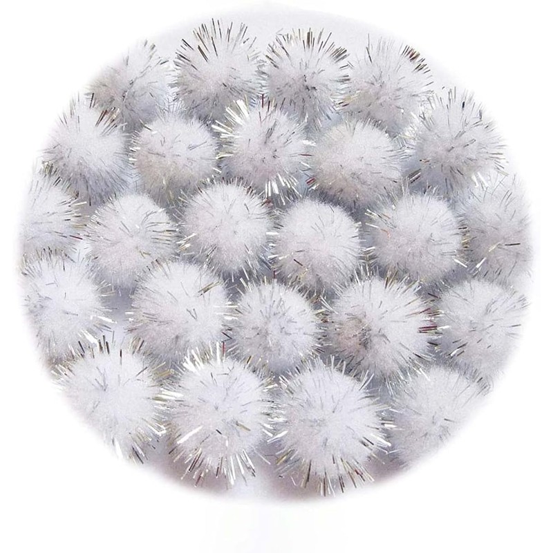 Plush Pompoms with Silver Glitter, Round Pompom, White Colour Set,