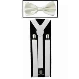 Generic White SUSPENDERS and BOW TIE COMBO SET Unisex Adjustable Suspender Bowtie