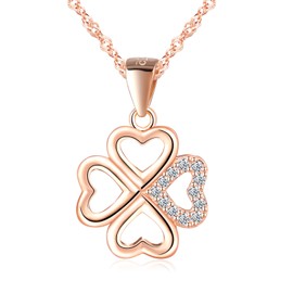 MICGIGI Women's 925 Sterling Silver Necklace Hollow Four Leaf Clover Shape Cubic Zirconia Pendant Necklace, Rose Gold, Silver