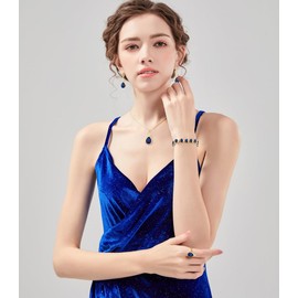 LMXXVJ - Juego de joyas para mujer, con forma de lágrima, circonita cúbica, collar, aretes, anillo ajustable, conjunto de joyas, regalo formal, Cobre, Zafiro azul artificial