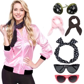 Retro de los años 50, chamarra de satén rosa para mujer, bufanda, diadema, aretes, anteojos, disfraz de Halloween, cosplay, accesorios de disfraz de 6 piezas (rosa y negro, borde 2, L)