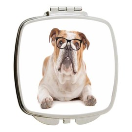 Island Gifting - Brown & White English Bulldog Hipster Glasses - Square Compact Mirror - Travel Mirror