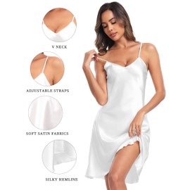 Sopesil Satin Nightdress Women's Sexy V-Neck Negligee Women's Babydoll Night Dress Summer Sleepwear Spaghetti Straps Sleepwear with S-3XL, White, S
