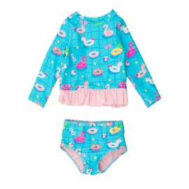 RuffleButts Baby/Toddler Girls Long Sleeve Rash Guard UPF50+ Sun Protected Bikini Swimsuit - Neon Pool Party, 12-18m