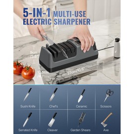 WILAWELS Electric Knife Sharpener, 5-in-1, 3 Rotational Speed Adjustable Electric Knife Sharpener for Straight/Serrated/Ceramic Knives, Scissors, Chef Knives, Axes, Grey H01KS06