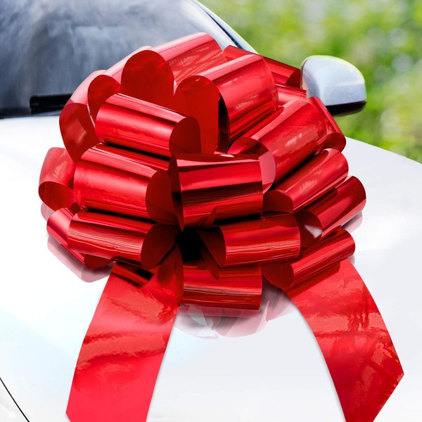 Zoe Deco Large Car Bow (Metallic Red, 58cm/23"), Round Shape Gift Bows, Giant Car Bow, Large Birthday Bow, Christmas Bows and Gift Boxes