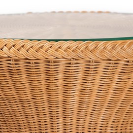 bali & pari Nina Handwoven Rattan Hourglass Side Table with Glass Top – Boho Wicker Accent Table, Natural Fiber Round End Table for Living Room or Patio