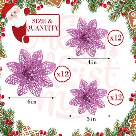 WILLBOND 36 Pieces Christmas Poinsettia Flowers Artificial Ornaments Glitter Christmas Decorations Tree Wedding New Year(Light Purple)