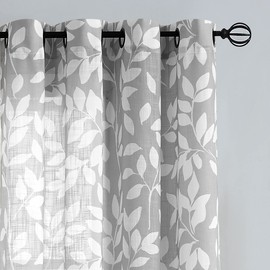 Grey White Sliding Door Curtain 84 inch Length Semi Sheer Leaf Print Curtains for Living Room Bedroom Linen Textured Look Light Filtering Window Curtain Panels Botanical Window Drapes 100” w 1pcs