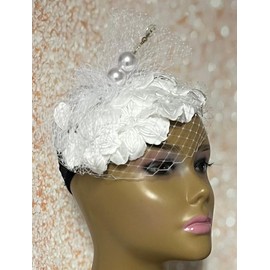 White Satin Flower Fascinator Half Hat for Weddings, Church Head Covering, Tea Parties, and Special Occasions - Dimensions: 8 X 5.5 inches