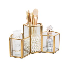 HARLIANGXY Makeup Brush Holder Glass Cosmetic Organiser Makeup Brush Storage Makeup Organiser Gold Makeup Storage Pen Holder for Dresser Dressing Table Desk