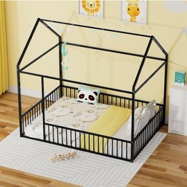 LLS Full Floor Bed, Metal Montessori Bed with Fence, House Bed Frame for Boys Girls Bedroom, Black(Without Slat)