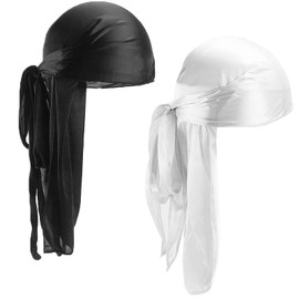2 Pieces Durag with Long Tail, Unisex Durag Men Silk Pirate Bandanas with Long Tail and Wide Straps for Men Women Daily Hip Hop Decoration (Black + White)