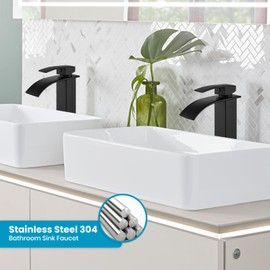 gotonovo Waterfall Tall Bathroom Faucet 1 Hole Single Handle 304 Stainless Steel Vessel Sink Faucet with Pop Up Drain Modern Lavatory Mixer Tap, Matte Black