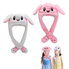 2 Pieces Moving Rabbit Hat, Rabbit Hat, Hat with Movable Ears, Rabbit Ears Hat, Plush Animal Ear Hat, Cute Funny Plush Hat for Make Up Party, Christmas Party, Carnival, Carnival (White, Pink)