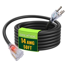 GREATIDE 50 Ft 14/3 Lighted Outdoor Extension Cord - 14 Gauge SJTW Heavy Duty Black Extension Cable with 3 Prong Grounded Plug, Great for Lawn, Garden, Appliances