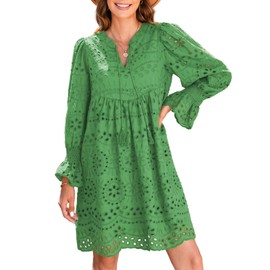 Dokotoo Dresses for Women 2024 V Neck Hollow-Out Sun Dresses Long Bell Sleeve Flowy Green Dresses Plus Size Trendy Casual Dress A-Line Middle Pure Cotton Dresses XX-Large
