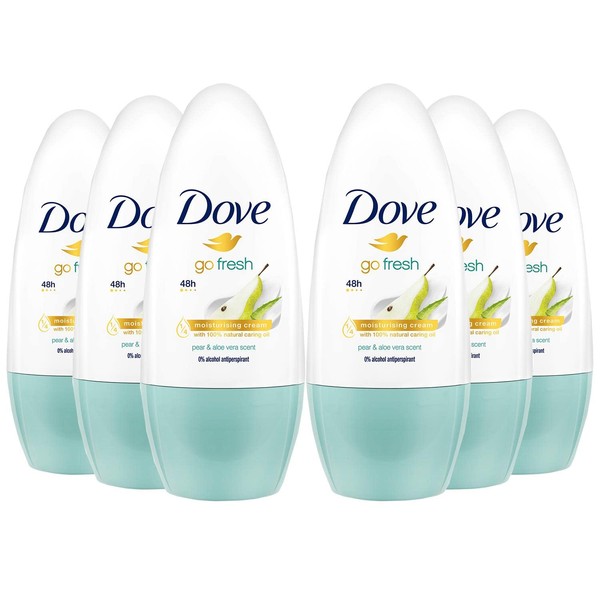 Dove Go Fresh Antiperspirant Deodorant Roll On Pear and Aloe Vera 0% Alcohol - Pack of 6 (6 x 50 ml)