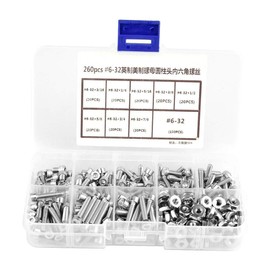 260 Pieces/Set #6-32 Hexagonal Screws Screw Assortment Kit, Hex Socket Head Cap Screws Screws Nuts Washing Machine Kit, 304 Stainless Steel