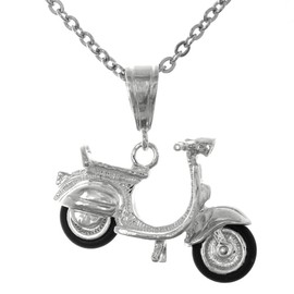 925 Sterling Silver Novelty Necklace Charm Pendant with Chain, 3-D Vespa with Rubber Tires