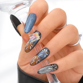 Sethexy Long Round Handmade Press On Nails Cat Eye Acrylic Colourful False Nails Hand-Painted Shiny False Nails Salon Nails for Women and Girls 10 Pieces (Blue2)