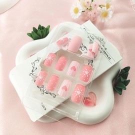 Medium Press on Nails Square Fake Nails with Heart Snowflake Designs Pink Nails Press ons Matte Glue on Nails Cute Acrylic Nails Winter Artificial Stick on Nails for Women 24 Pcs