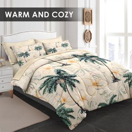 Pamnest Comforter Set Queen Size, Tropical Botanical Palm Summer 7 Pcs Bedding for Kids and Adults, Hawaiian Coconut Tree Bed Sheet Sets with Fitted Sheet 2 Pillowcase & 2 Sham for Bedroom Bed Decor