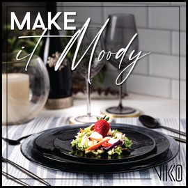 Vikko Lunch Plates, Set of 4 Black Alabaster Plates, 8.5" Plate with Marbelized, Swirl Design, Elegant Glass Entrée Plate, Dishwasher Safe