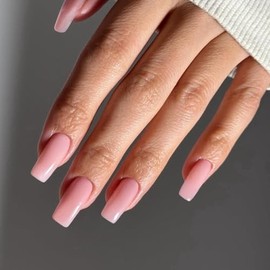 Uñas postizas acrílicas reutilizables, largas, cuadradas, estilo ataúd, medianas, con pegamento, naturales, gruesas, 24 colores sólidos, para mujer
