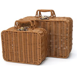 Wicker Picnic Basket, Decorative Prop Suitcase Vintage Storage Hamper Makeup Organizer, Metal Lock Rattan Storage Box with Handles for Sundries Travel Camping and Outdoor Party (Brown, Large+Small)