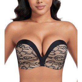 DotVol Strapless Push Up Bra Hand Shape Anti-Slip Padded Wireless Comfortable Lifting for Women(34D,Wing Jacquard Black)