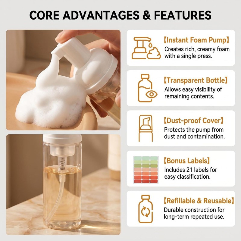 3 Pack 2oz Clear Plastic Foam Pump Bottles with Sticker