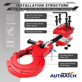AUTMATCH Winch Hook 3/8" - Clevis Slip Hook with Safety Latch & Winch Cable Hook Stopper, Grade 70 Forged Steel Max 39,600Lbs Work for Winch Rope, ATV, UTV, Off Road Vehicle, Red