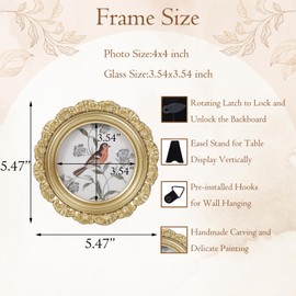 LIHOLO Vintage Picture Frames 4x4 Round Gold Antique Picture Frames with Glass Front Handcrafted Rustic Home Decor for Wall Mount and Tabletop Gallery Wall Art