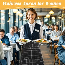 FloraMolly Waitress Aprons for Women, Long Half Waist Zipper Pocket Grid Black Apron Antifouling Lightweight Chef Apron For Kitchen Restaurant Barbecue